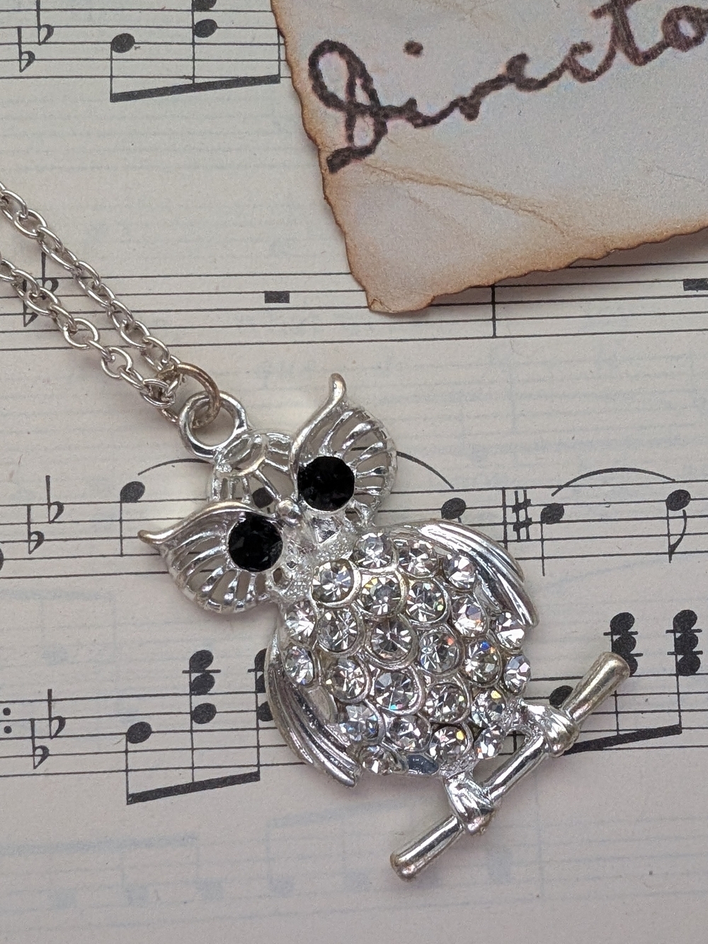 Silver Owl Crystal Pendant Necklace - Sparkling Silver with Black Eyes